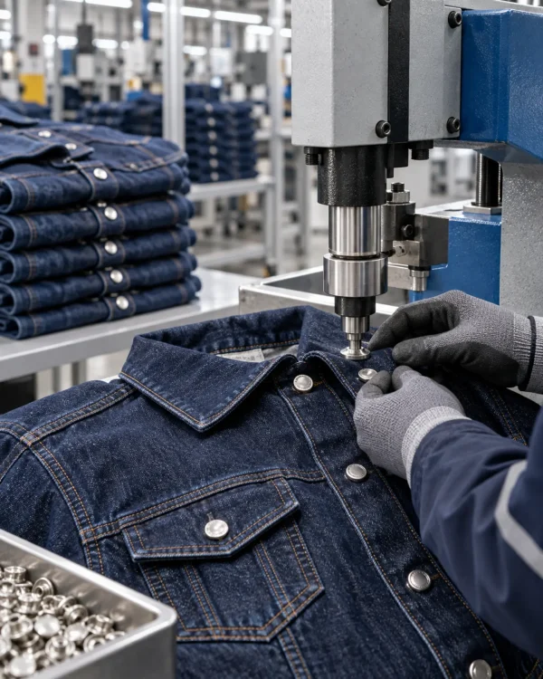 Kot ceket üretiminde metal çıtçıt çakma makinesi uygulaması