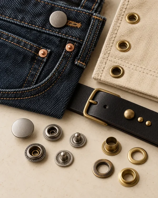 Denim üzerinde düğme ve perçin, kumaşta kuşgözü ve deride dekoratif aksesuar uygulamalarının temsili görünümü.
